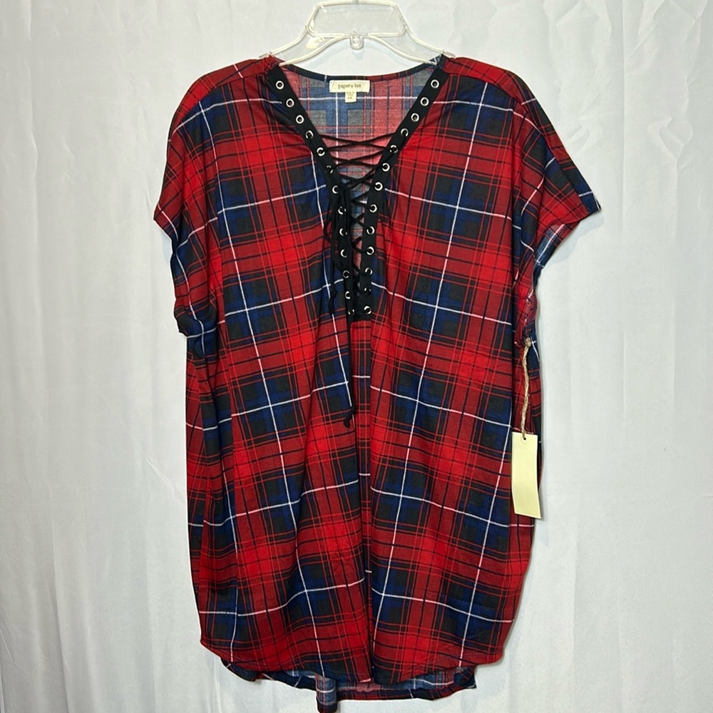 Paper Tee red plaid sleeveless top size 3x Shoelace V Neck New